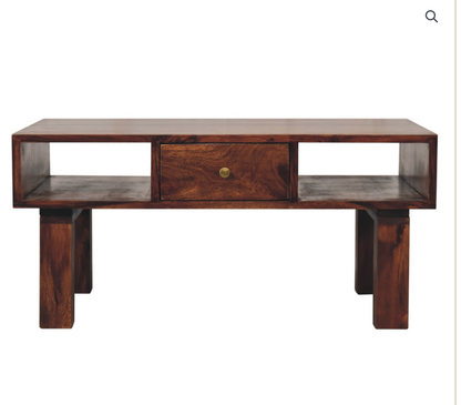 Luna Coffee Table – Solid Sheesham Wood | Chestnut Finish & Brass Detail