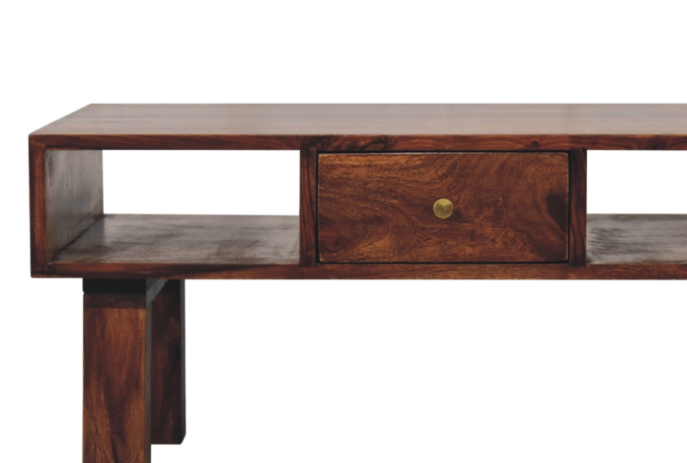 Luna Coffee Table – Solid Sheesham Wood | Chestnut Finish & Brass Detail