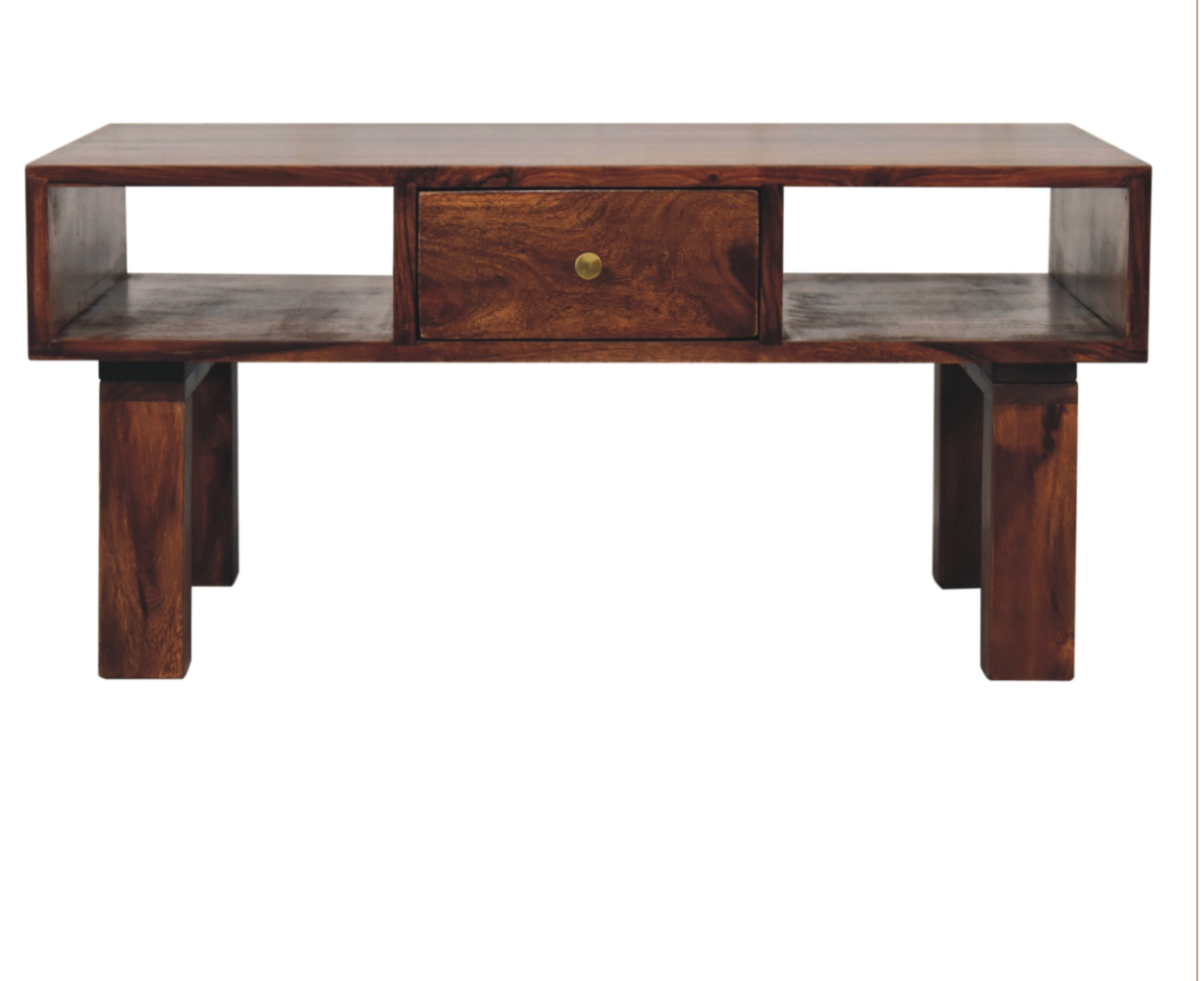 Luna Coffee Table – Solid Sheesham Wood | Chestnut Finish & Brass Detail