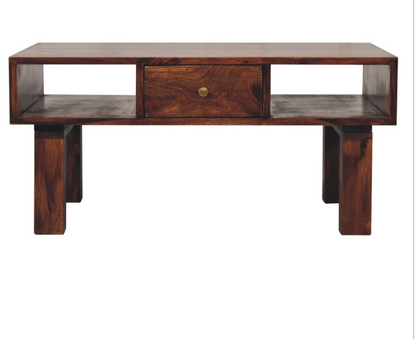 Luna Coffee Table – Solid Sheesham Wood | Chestnut Finish & Brass Detail
