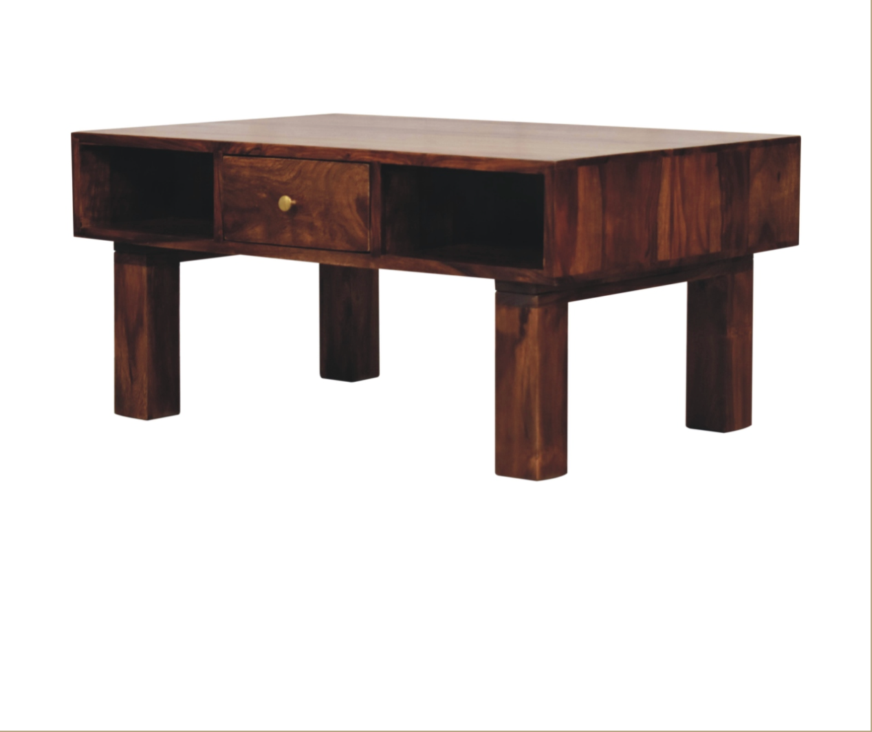 Luna Coffee Table – Solid Sheesham Wood | Chestnut Finish & Brass Detail