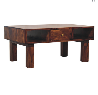 Luna Coffee Table – Solid Sheesham Wood | Chestnut Finish & Brass Detail