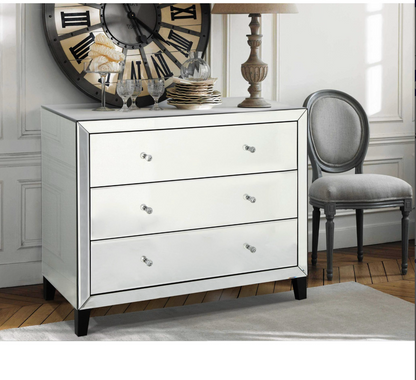 Woodsmith Luxury Mirrored 3 Drawer Chest – Crystal Knob Bedroom Storage Cabinet, Glam Mirrored Furniture 1000mm