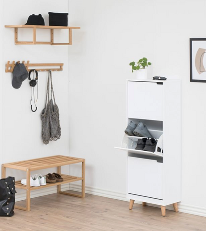 Mitra Shoe Cabinet – 3 Flip Drawers | White & Oak Hallway Storage