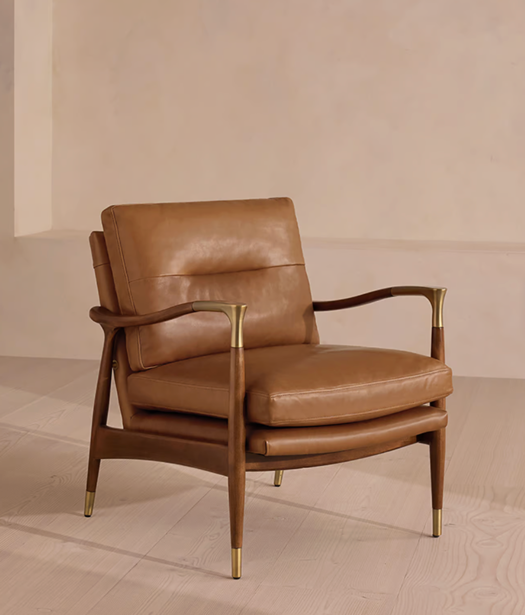 Traditional Real Leather Armchair – Solid Wood Frame Custom Upholstered Living Room Sofa Chair