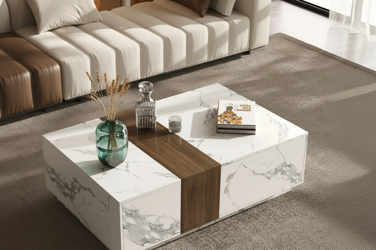 Woodly Marble & Walnut Veneer Coffee Table with 2 Drawers-FSC Certified