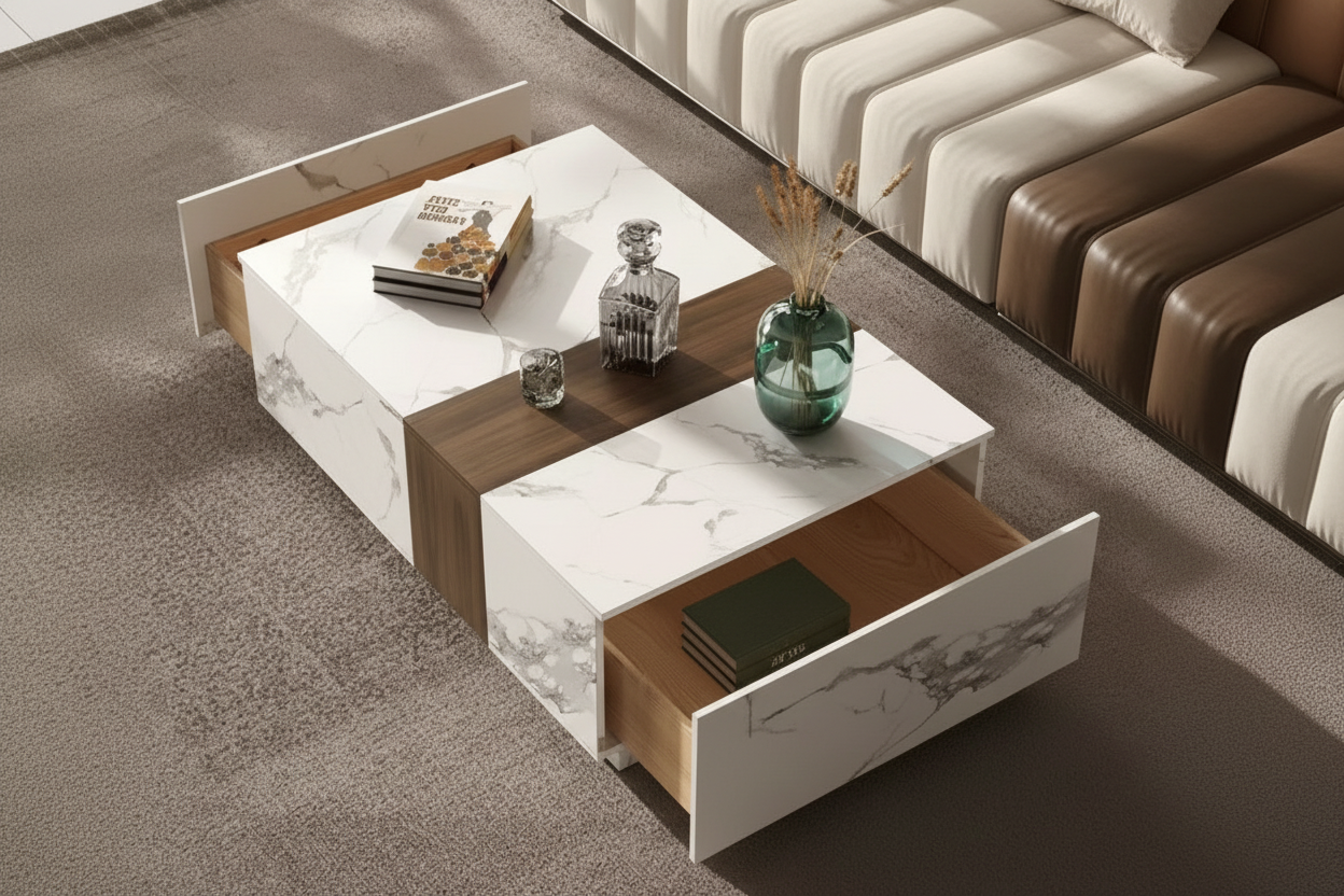 Woodly Marble & Walnut Veneer Coffee Table with 2 Drawers-FSC Certified