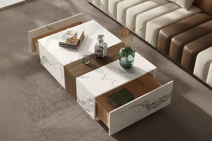 Woodly Marble & Walnut Veneer Coffee Table with 2 Drawers-FSC Certified