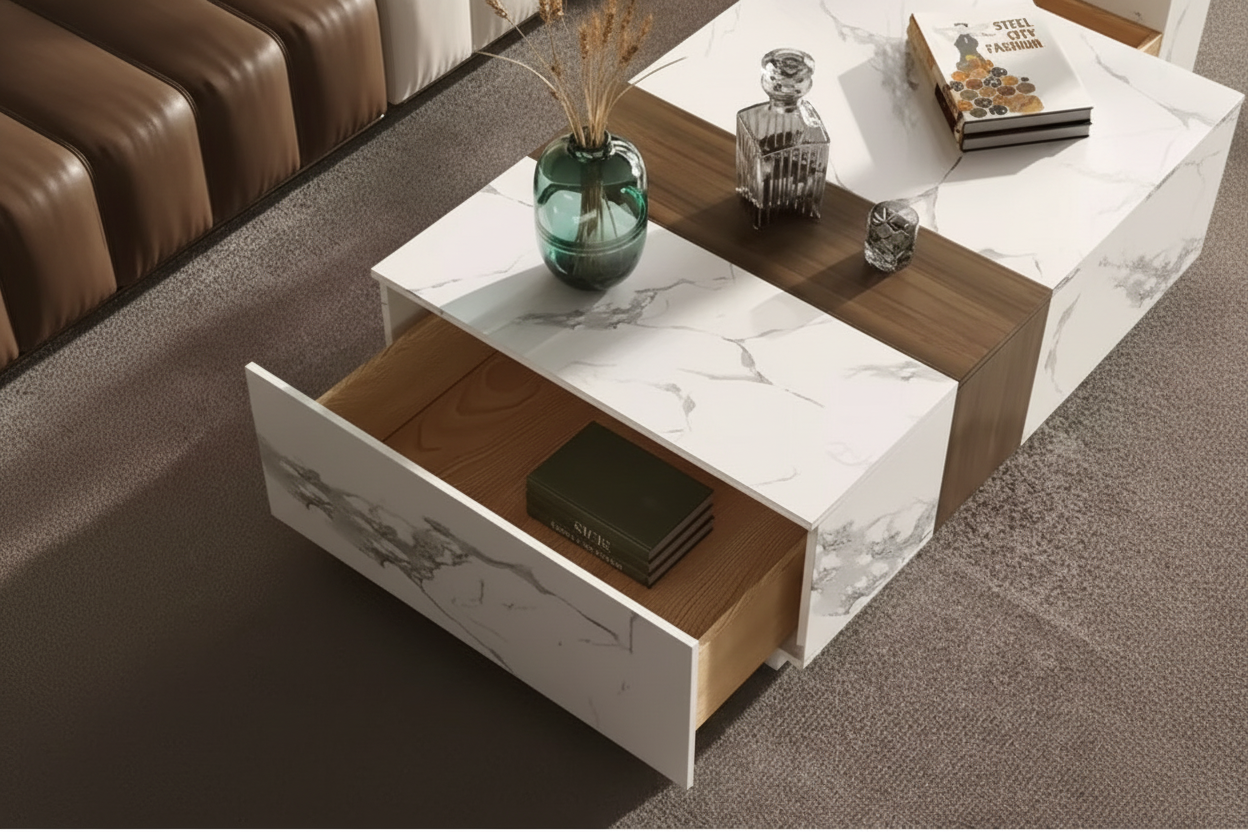 Woodly Marble & Walnut Veneer Coffee Table with 2 Drawers-FSC Certified
