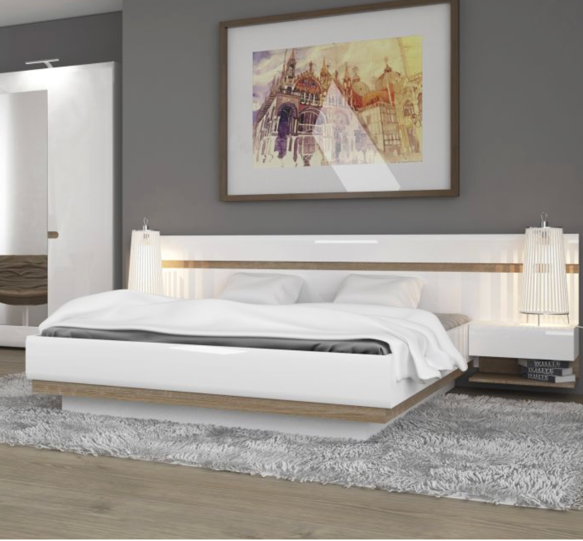 Chelsea Kingsize Ottoman Storage Bed – White Gloss Bed Frame with Oak Trim 160x200cm