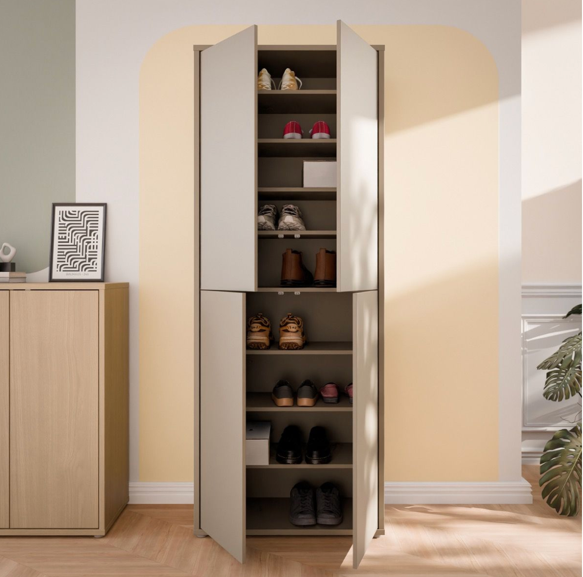 Alice Springs Tall Shoe Cabinet with 4 Doors Push-to-Open in Taupe