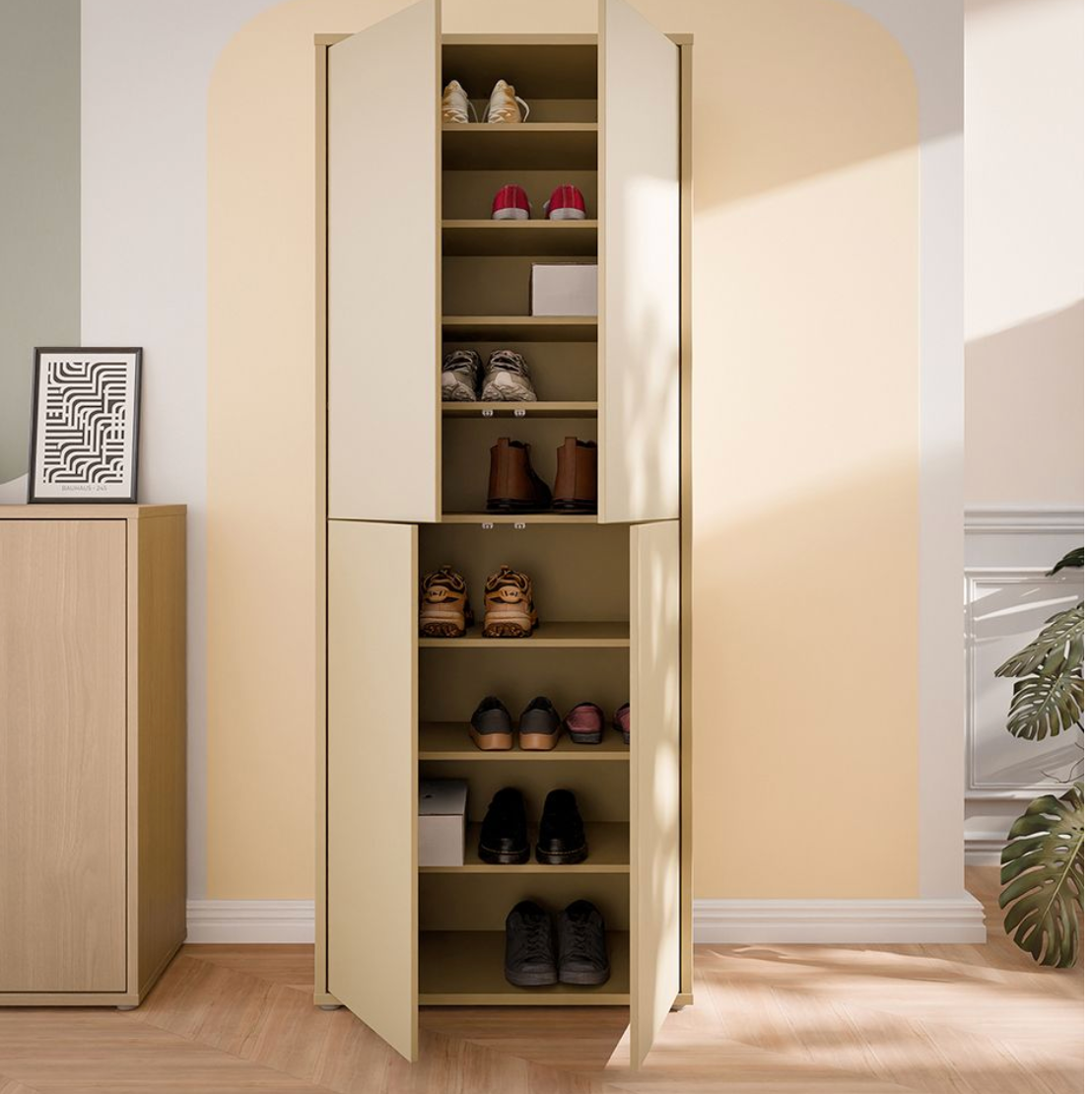 Alice Springs Tall Shoe Cabinet with 4 Doors Push-to-Open in Butter Yellow