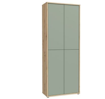 Alice Springs Shoe Cabinet with 4 Doors Push-to-Open in Artisan Oak and Sage Green Doors