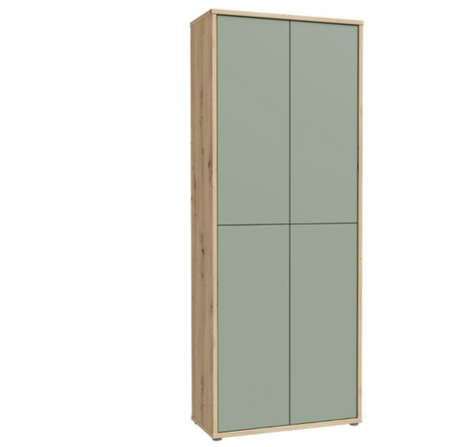 Alice Springs Shoe Cabinet with 4 Doors Push-to-Open in Artisan Oak and Sage Green Doors
