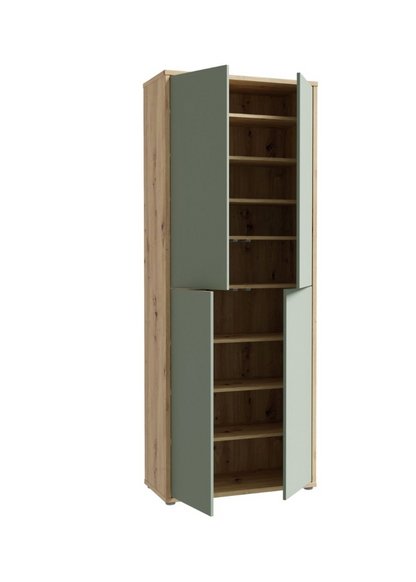 Alice Springs Shoe Cabinet with 4 Doors Push-to-Open in Artisan Oak and Sage Green Doors