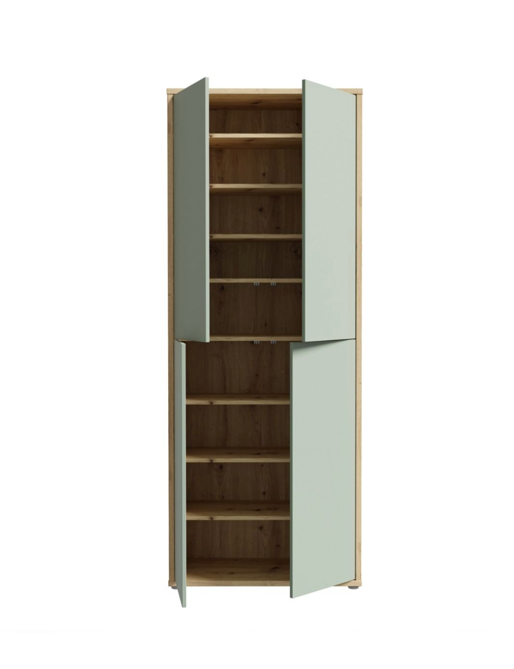 Alice Springs Shoe Cabinet with 4 Doors Push-to-Open in Artisan Oak and Sage Green Doors