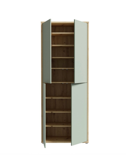 Alice Springs Shoe Cabinet with 4 Doors Push-to-Open in Artisan Oak and Sage Green Doors