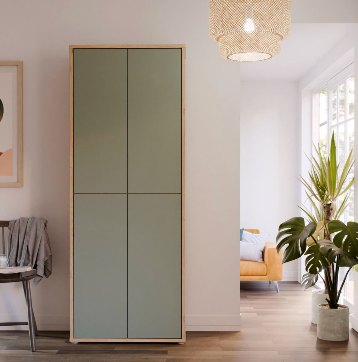 Alice Springs Shoe Cabinet with 4 Doors Push-to-Open in Artisan Oak and Sage Green Doors