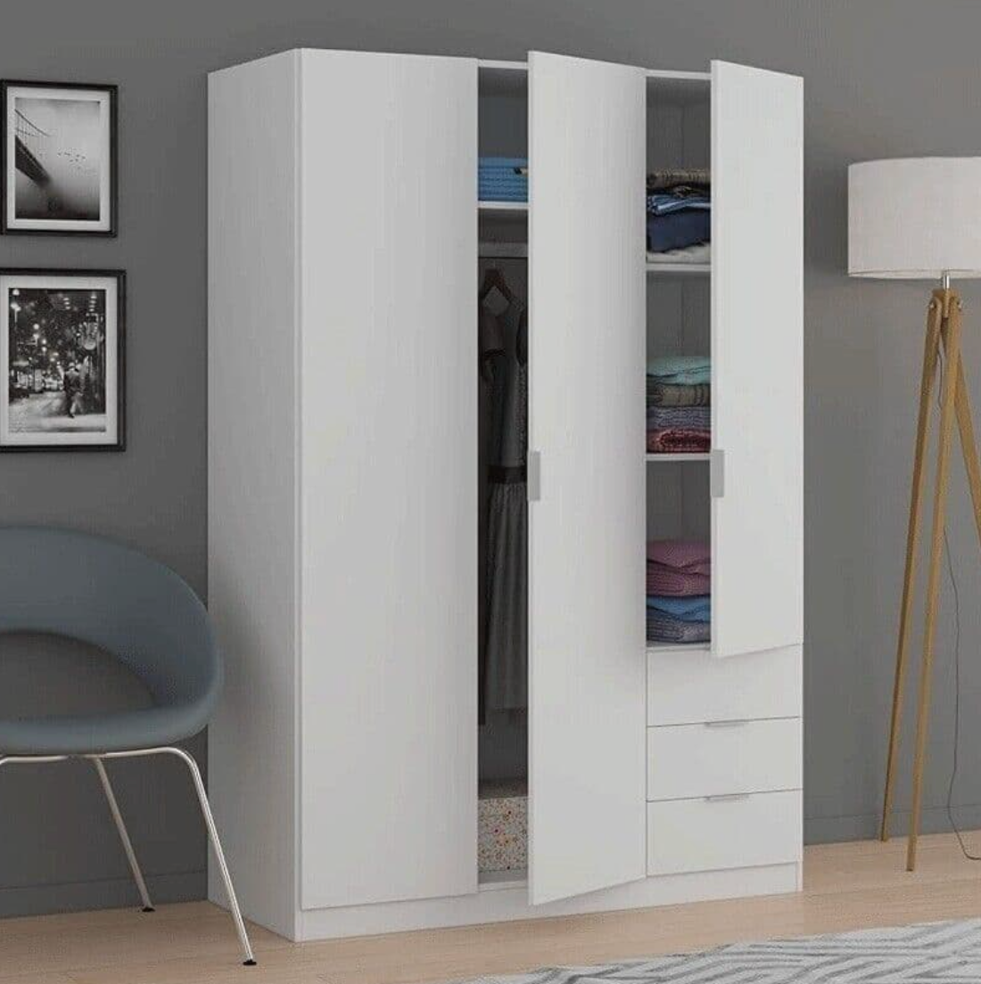 Cairo Artic White Compact 3 Door 3 Drawer Space-Saving Wardrobe
