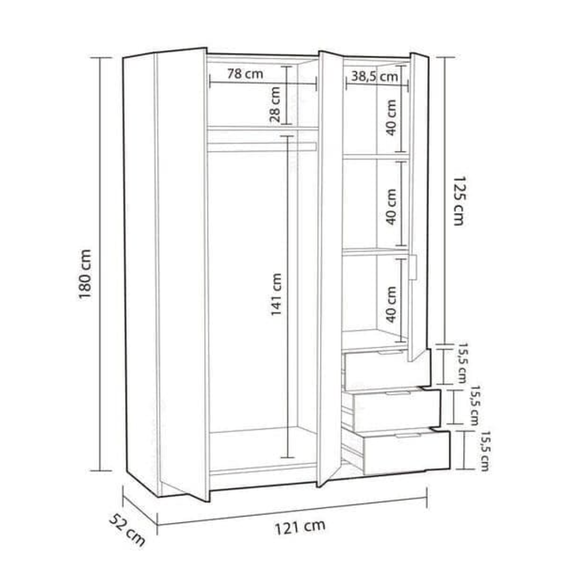 Cairo Artic White Compact 3 Door 3 Drawer Space-Saving Wardrobe