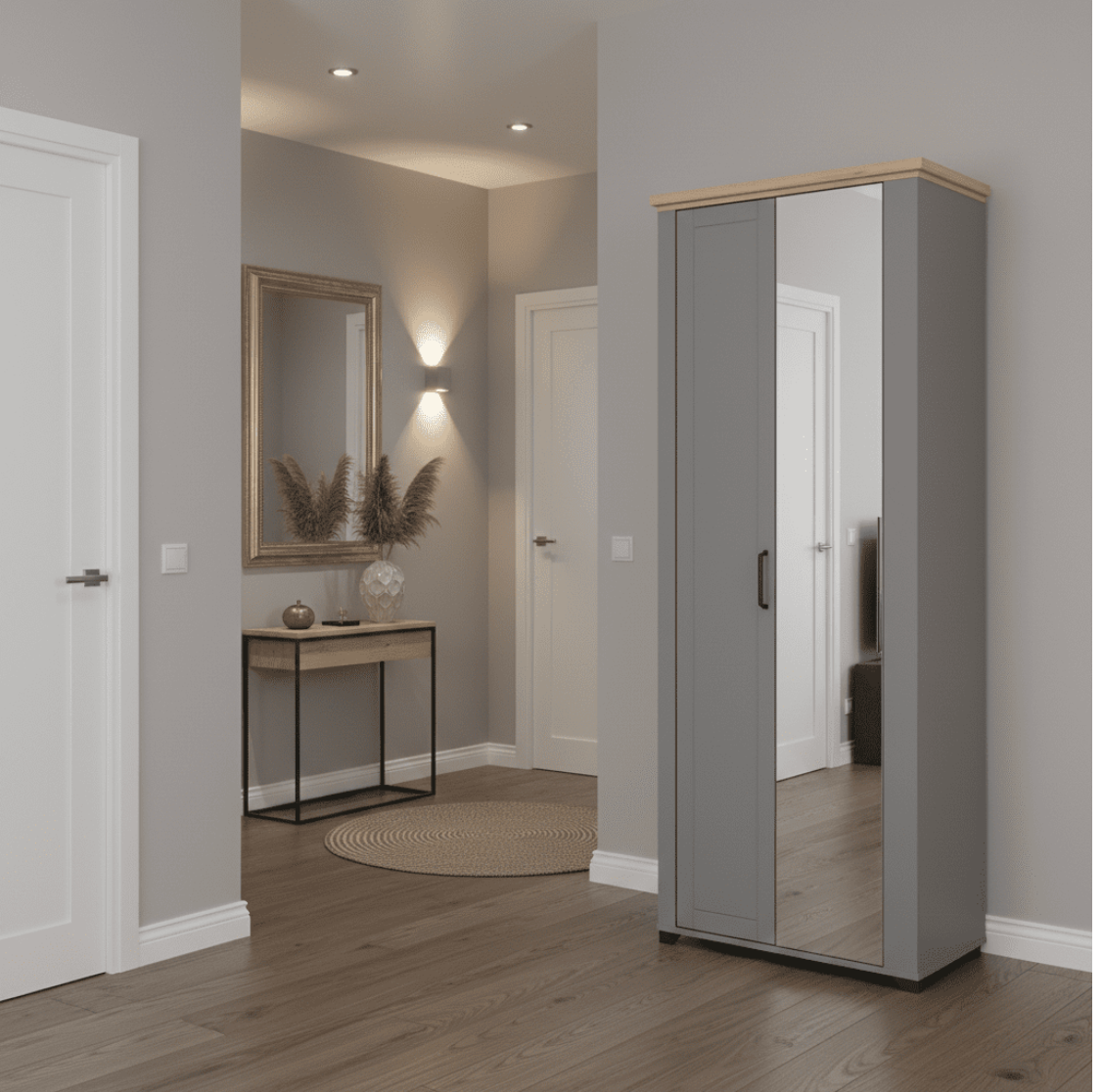 Havertz Grey And Artisan Oak Slim Narrow Shallow Depth Mirrored Wardrobe