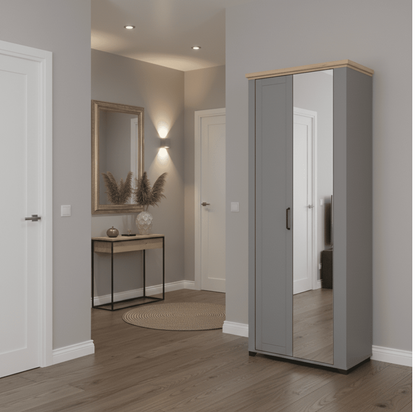 Havertz Grey And Artisan Oak Slim Narrow Shallow Depth Mirrored Wardrobe