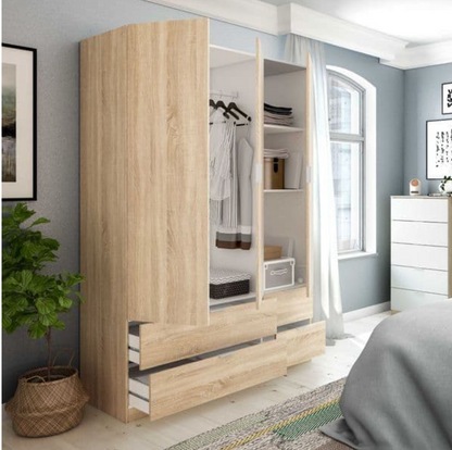 Cairo Oak Effect Compact 3 Door 4 Drawer Space-Saving 135cm Wardrobe