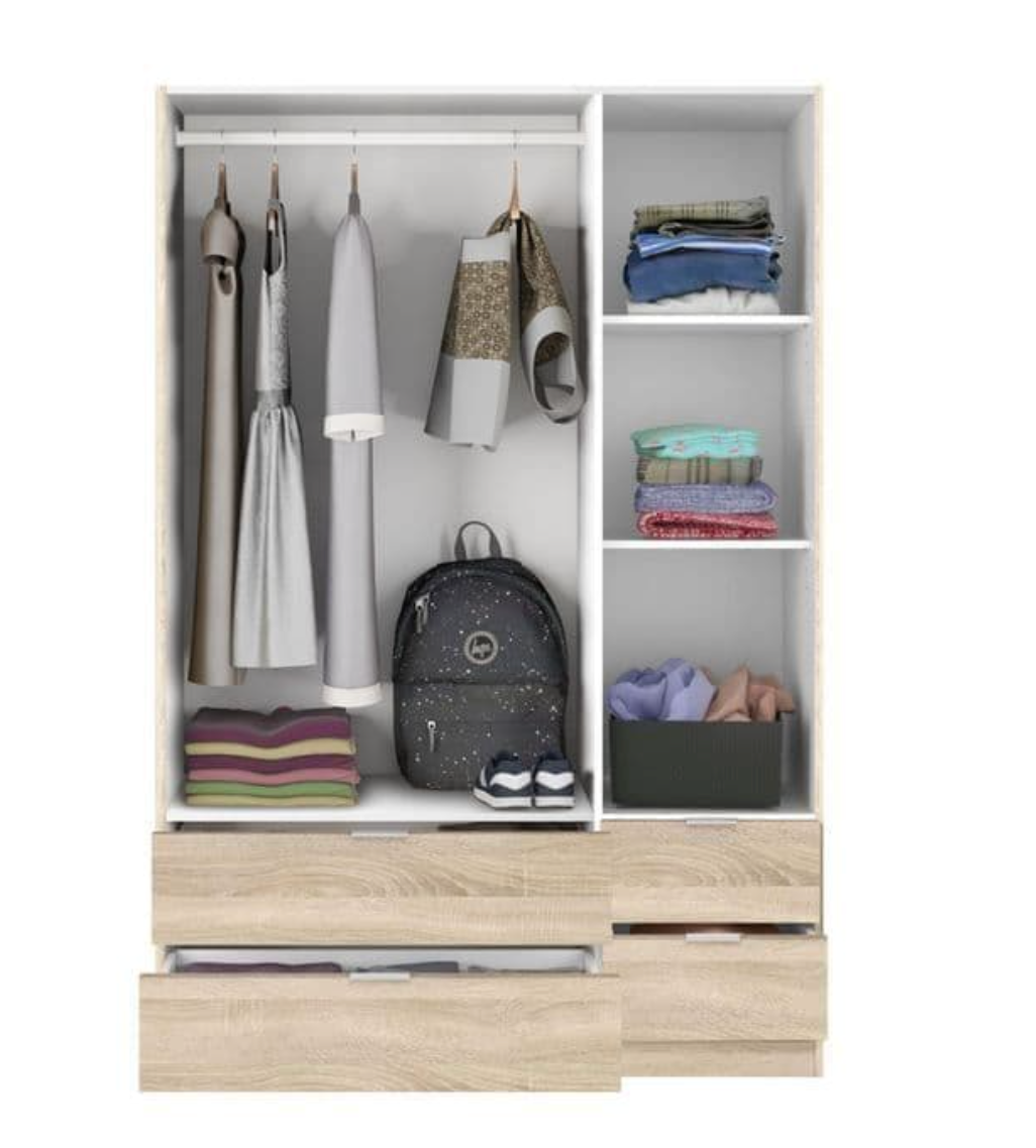 Cairo Oak Effect Compact 3 Door 4 Drawer Space-Saving 135cm Wardrobe