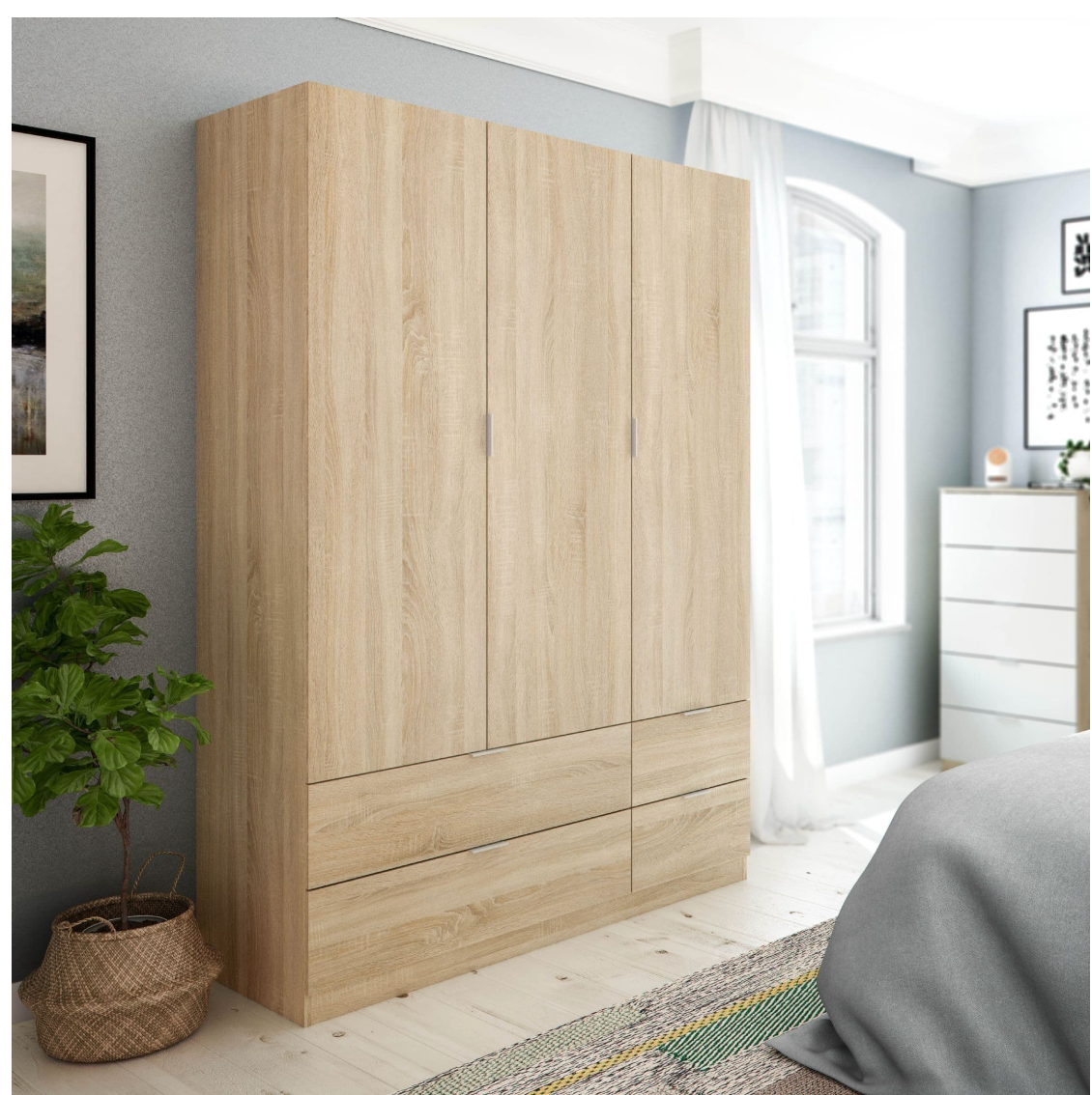 Cairo Oak Effect Compact 3 Door 4 Drawer Space-Saving 135cm Wardrobe