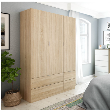 Cairo Oak Effect Compact 3 Door 4 Drawer Space-Saving 135cm Wardrobe