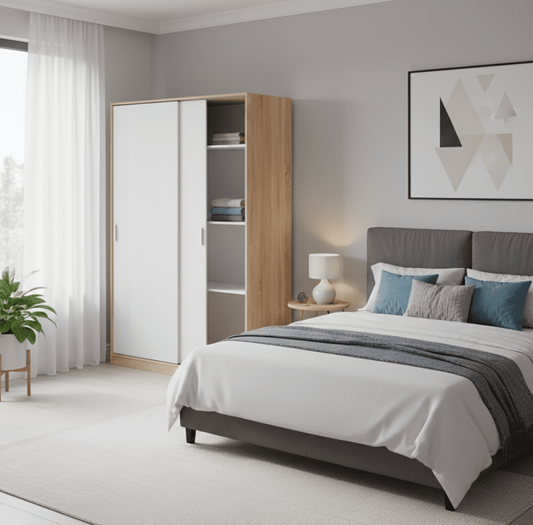 Durham Artic White and Oak Effect Small Narrow Sliding 2 Door Wardrobe 120cm Wide