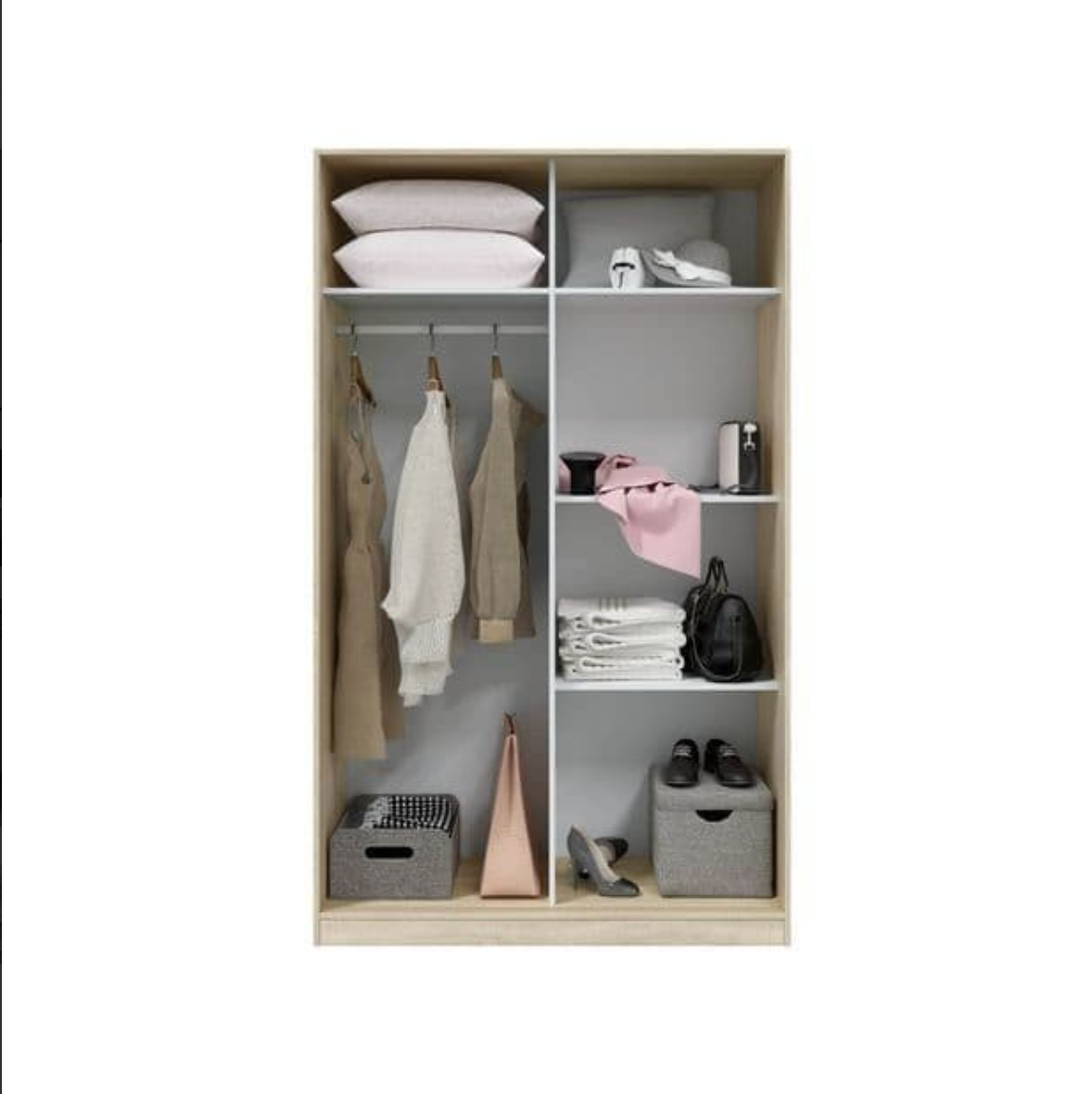 Durham Artic White and Oak Effect Small Narrow Sliding 2 Door Wardrobe 120cm Wide