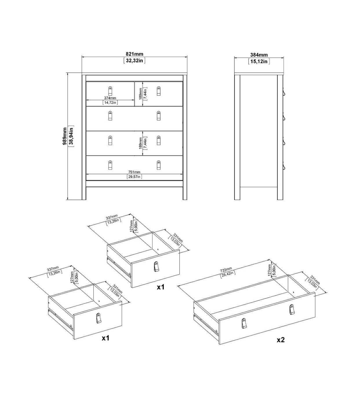 Barcelona 3 Piece Bedroom Furniture Set, 5 Drawers Chest,3 Door Wardrobe, Bedside White.
