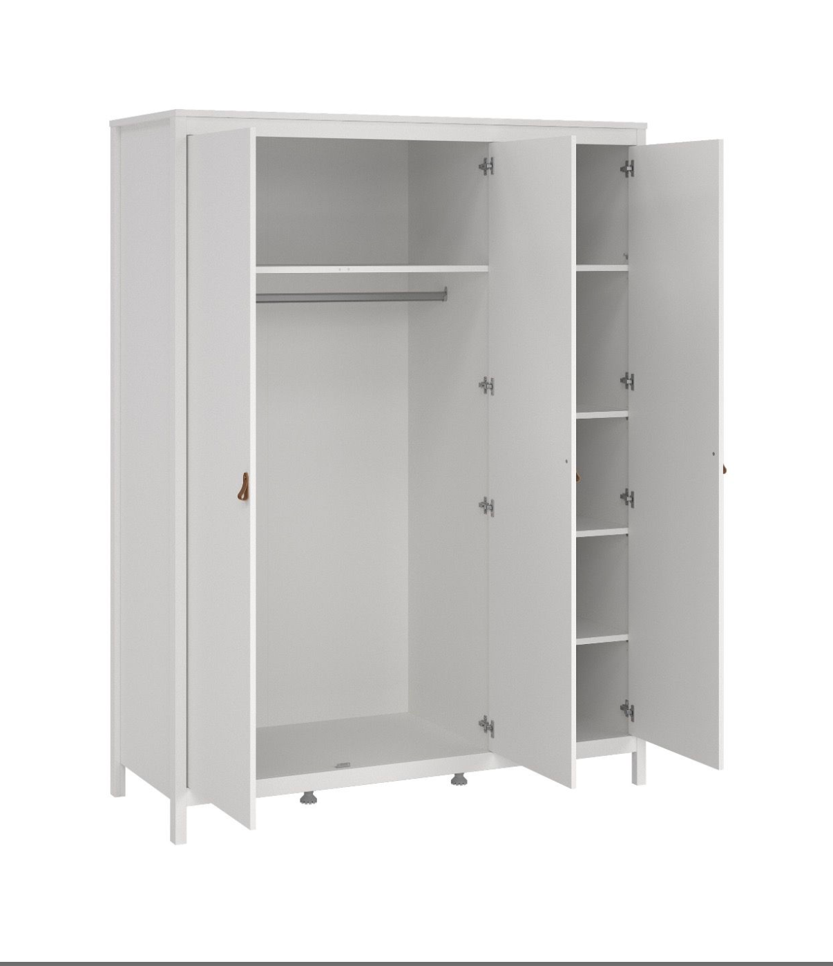 Barcelona 3 Piece Bedroom Furniture Set, 5 Drawers Chest,3 Door Wardrobe, Bedside White.