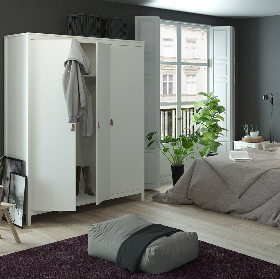 Barcelona 3 Piece Bedroom Furniture Set, 5 Drawers Chest,3 Door Wardrobe, Bedside White.