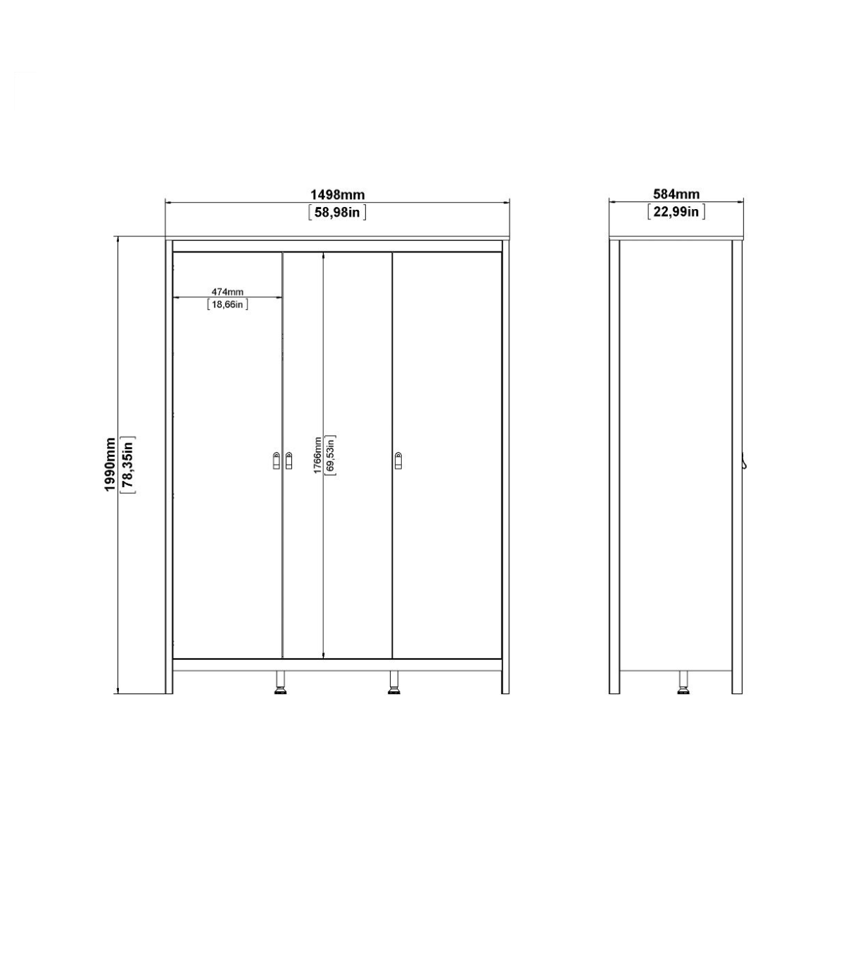 Barcelona 3 Piece Bedroom Furniture Set, 5 Drawers Chest,3 Door Wardrobe, Bedside White.