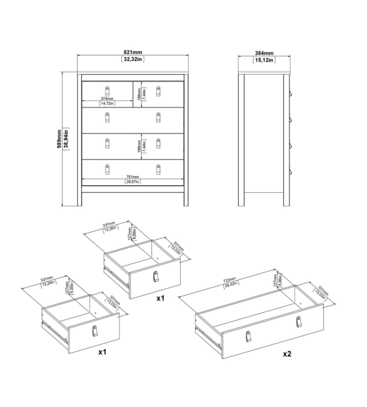 Barcelona 3 Piece Bedroom Furniture Set 5 Drawer Chest 3 Door Wardrobe in Jackson Hickory Oak
