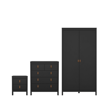 Barcelona 3 Piece Bedroom Furniture Set, 5 Drawers Chest,3 Door Wardrobe, Bedside  in Matt Black
