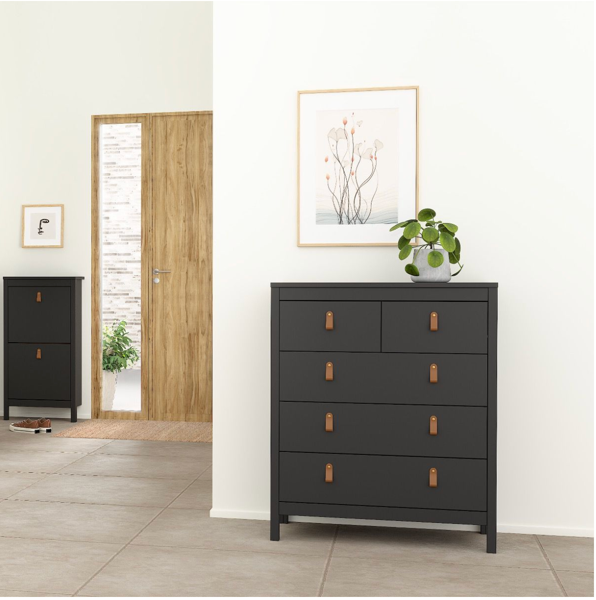 Barcelona 3 Piece Bedroom Furniture Set, 5 Drawers Chest,3 Door Wardrobe, Bedside  in Matt Black