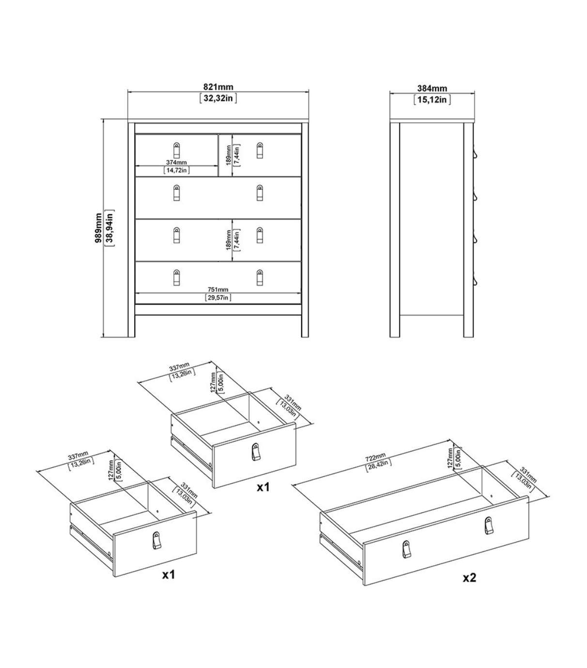 Barcelona 3 Piece Bedroom Furniture Set, 5 Drawers Chest,3 Door Wardrobe, Bedside  in Matt Black