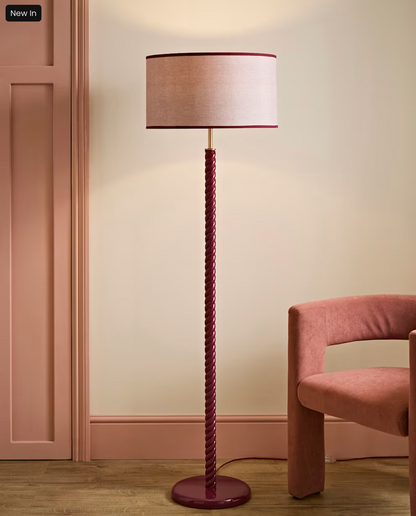 Pink Wooden Twist Floor Lamp with Trim Drum Shade