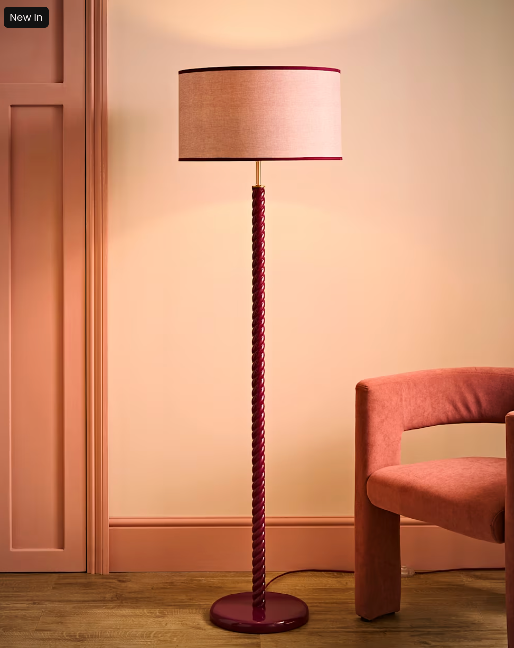 Pink Wooden Twist Floor Lamp with Trim Drum Shade
