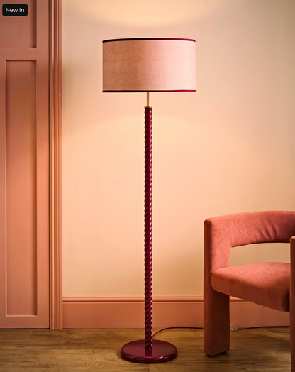 Pink Wooden Twist Floor Lamp with Trim Drum Shade