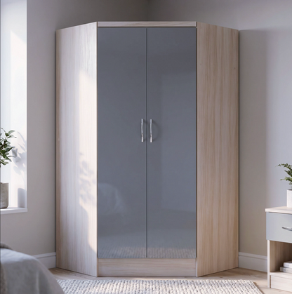 Nevada 2 Door Corner Wardrobe - Grey Gloss/Light Oak Effect Veneer