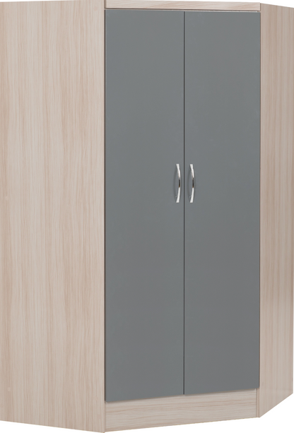 Nevada 2 Door Corner Wardrobe - Grey Gloss/Light Oak Effect Veneer