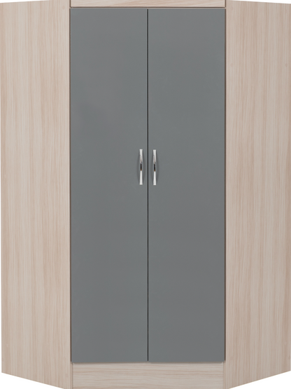 Nevada 2 Door Corner Wardrobe - Grey Gloss/Light Oak Effect Veneer