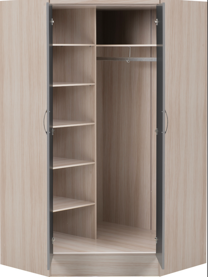 Nevada 2 Door Corner Wardrobe - Grey Gloss/Light Oak Effect Veneer