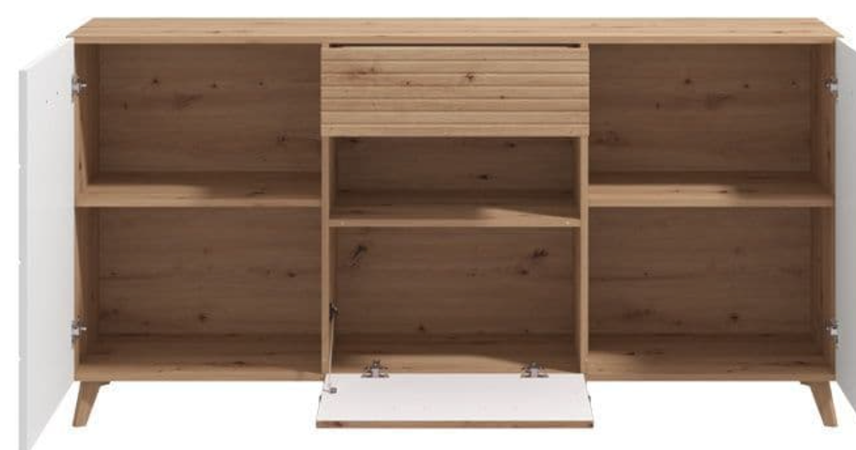 Bretanova Slatted Artisan Oak Effect And White Gloss Sideboard