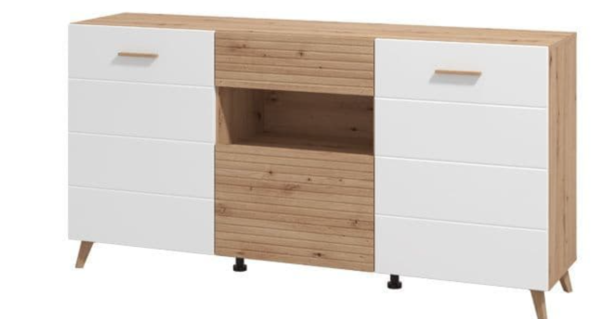 Bretanova Slatted Artisan Oak Effect And White Gloss Sideboard