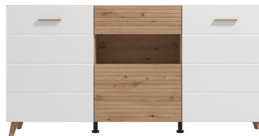 Bretanova Slatted Artisan Oak Effect And White Gloss Sideboard
